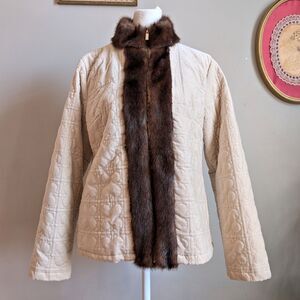 Vintage 90s Y2K Liz Claiborne Velvet Jacket Ivory Faux Fur Cozy Coat Size XS